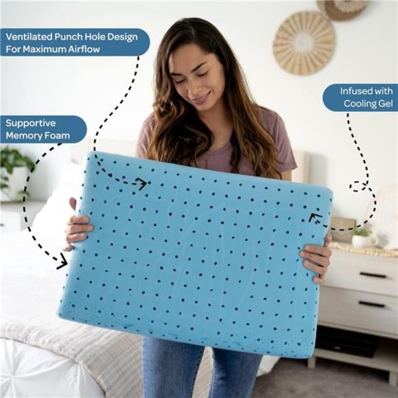 Cooling Memory Foam Pillows, 1 Pack, Ventilated Cool Blue Reading and Bed Pillow - Picture 5 of 6
